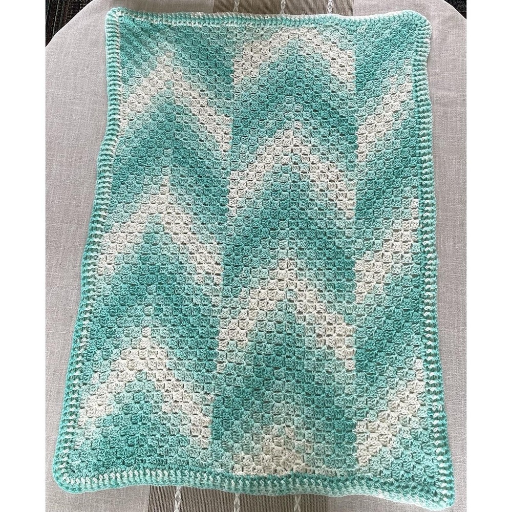 Handmade Crochet C2C Unique Baby Blanket 38x28"  MINT